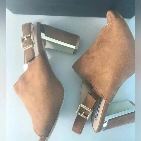 NIB!Spirit Moda Tan -Peek toe -gold back heel Chucky shoes size 9 - Picture 5 of 11